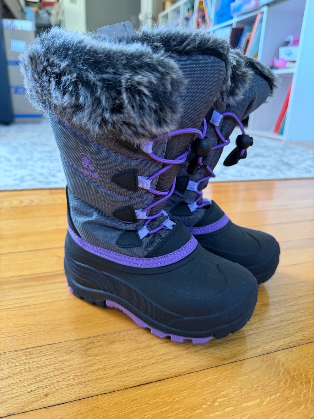 Kamik Kids Winter Boots in Black and Purple with Faux-Fur Cuff